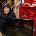 Steph showing finished window.