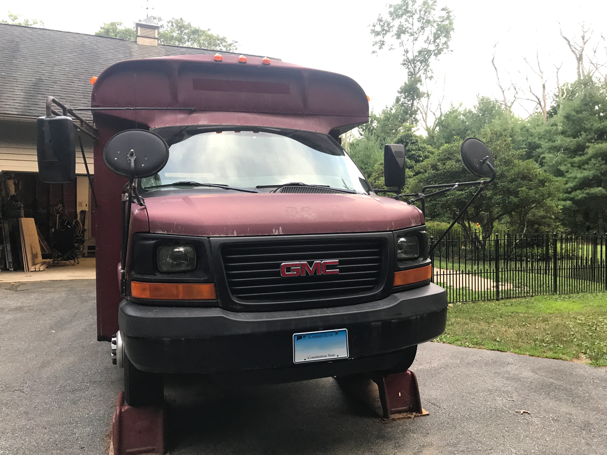 Front view of bus on ramps.
