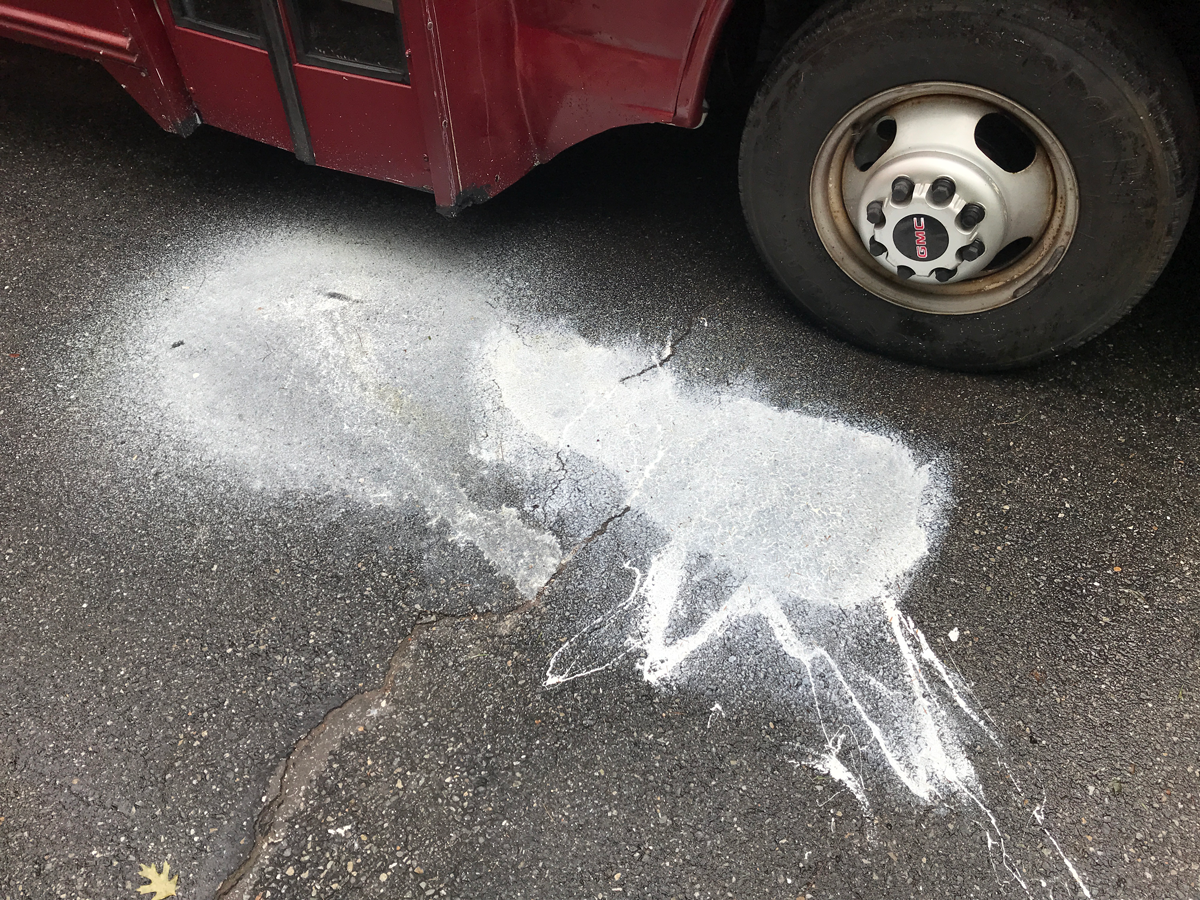 Spilled paint on driveway.