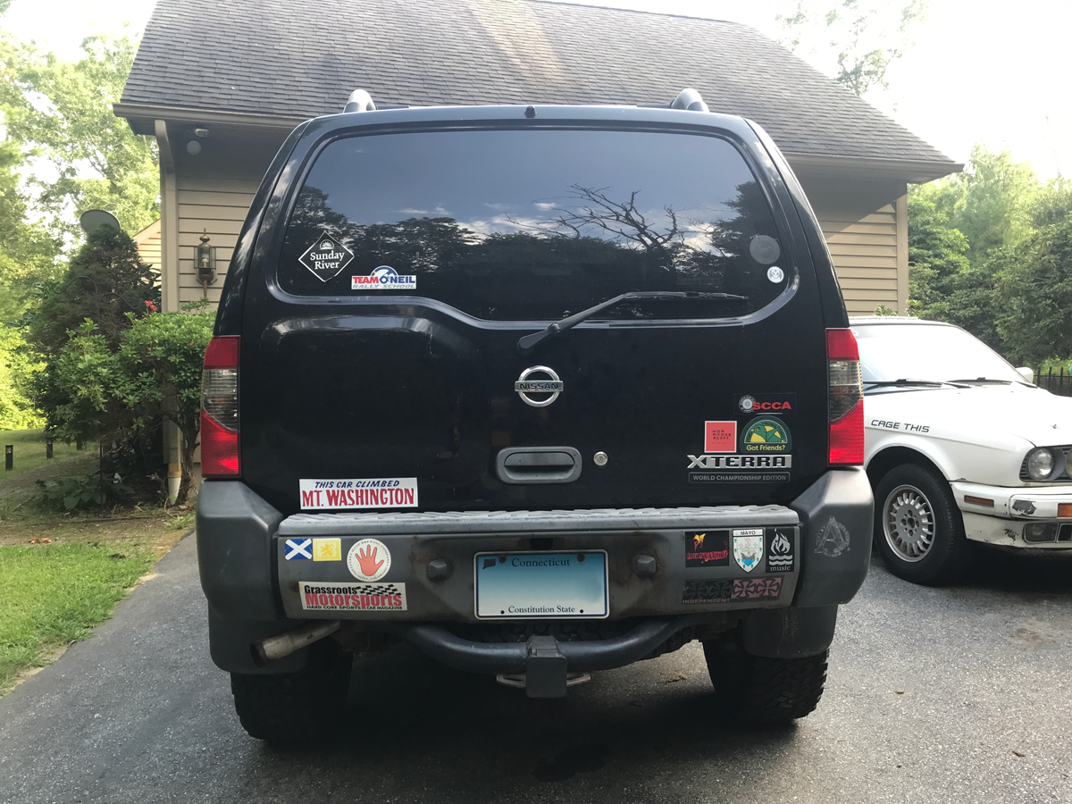 Back of Xterra displaying Mt. Washington sticker.