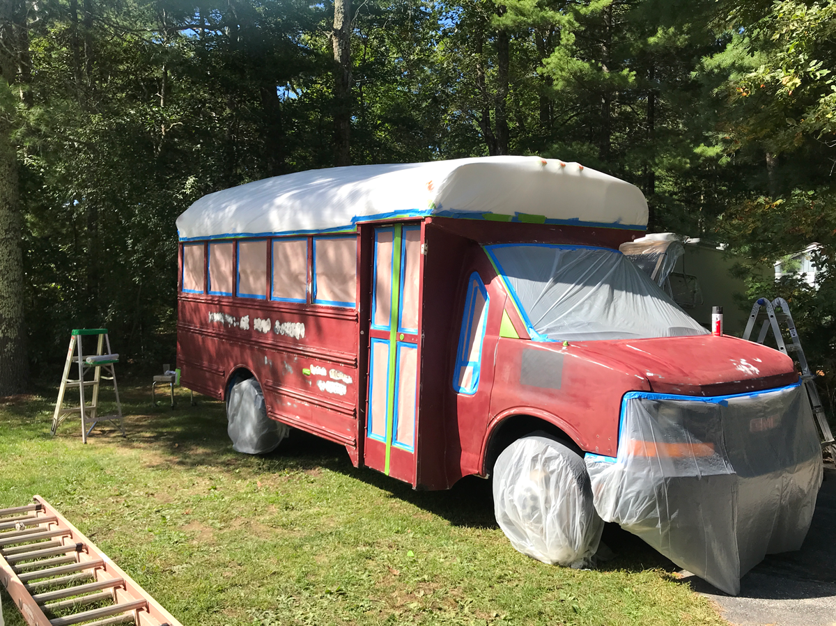 Taped up bus, ready to go. 