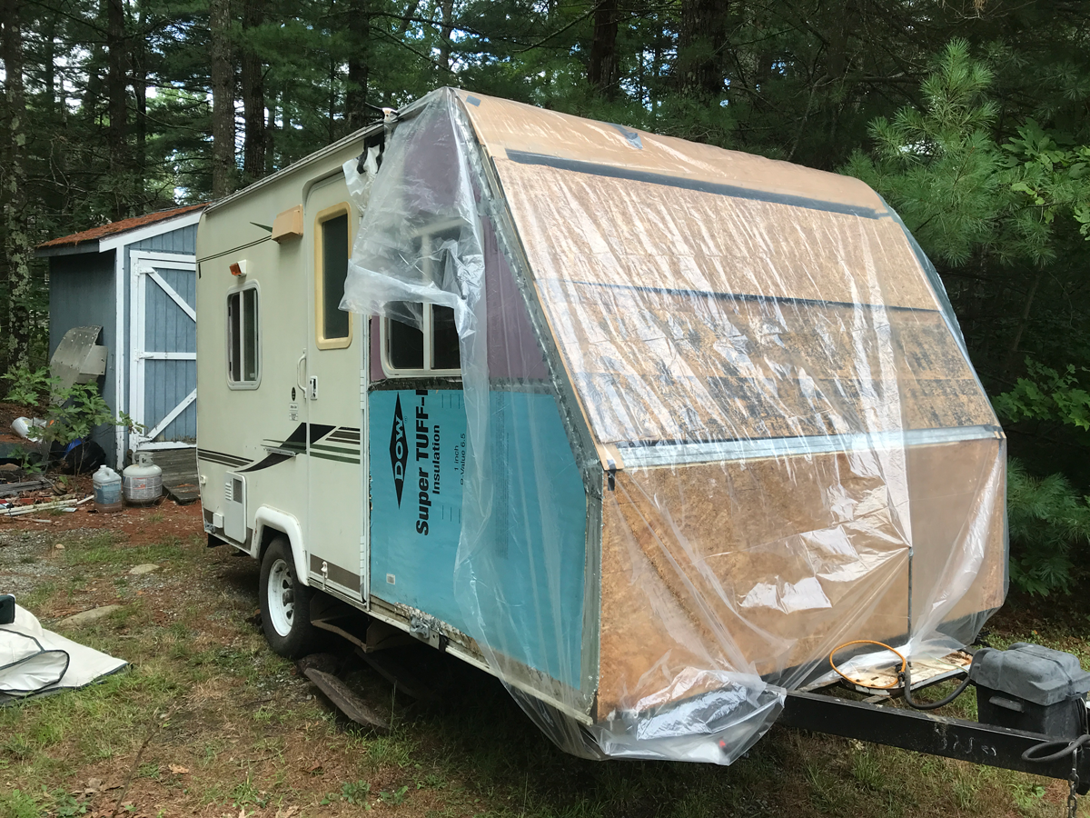 Stampy D covered in plastic and plywood.